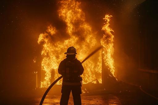 建物火災に対応する消防士の背中の写真