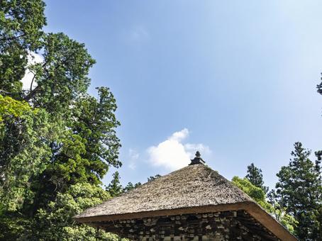 Photo, japanese style roof, thechard, blue sky, 