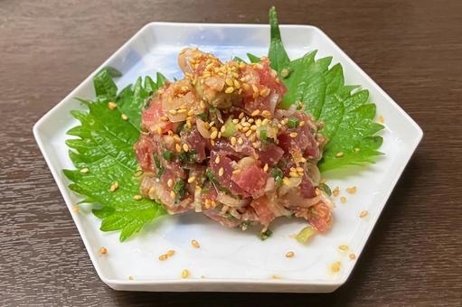 カツオのなめろう 刺身,なめろう,鮮魚の写真素材