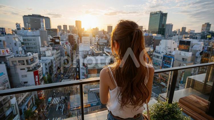 夏の終わりを感じる都会の黄昏時 夏,女性,日本人の写真素材