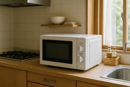 電子レンジとキッチンの風景 電子レンジとキッチンの風景の写真