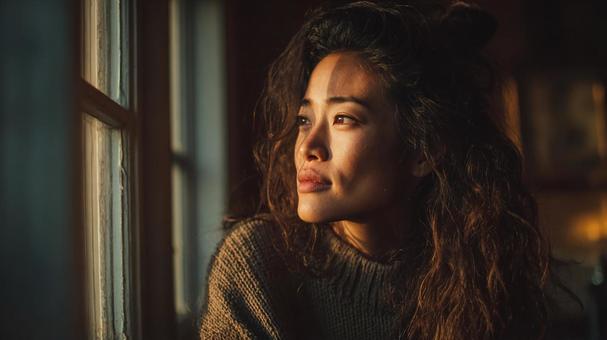 静かに考える女性の瞬間 静かに考える女性の瞬間の写真