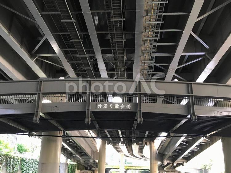 川から見上げた仲通り散歩橋 仲通り散歩橋,橋,高速道路の写真素材