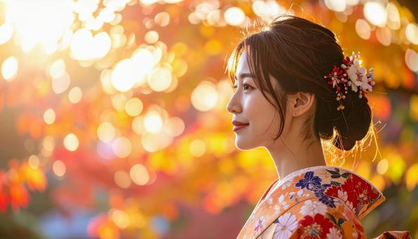 紅葉を眺める晴れ着姿の女性のポートレートの写真