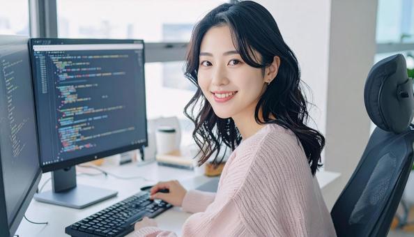 プログラミングをする女性エンジニア プログラミングをする女性エンジニアの写真