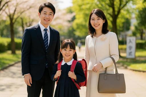 入学式に参加する両親と女の子 入学式に参加する両親と女の子の写真