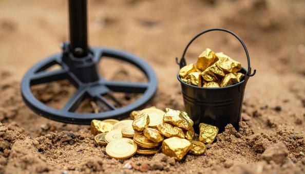 金を掘るイメージ 金塊と金属探知機 金を掘るイメージ 金塊と金属探知機の写真