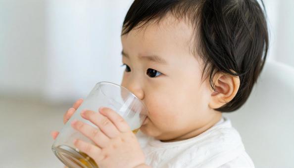 マグで麦茶を飲む日本人の赤ちゃんの写真