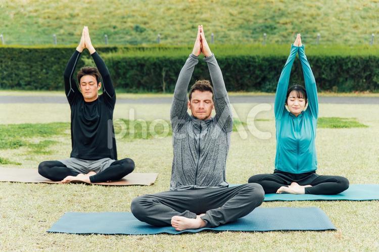 公園でヨガ教室をするスポーツウェアの男女 ヨガ,ヨガ教室,ピラティスの写真素材