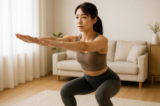 女性がスクワット中 女性がスクワット中の写真