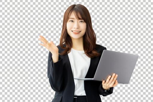 ノートパソコンを持つ女性 背景透過PSD 女性,人物,ビジネスの写真素材