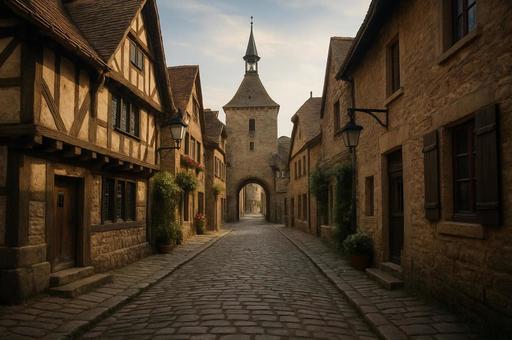 石畳の古い町並みと塔の写真