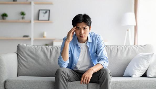 ソファに座って頭を抱える20代の男性 ソファに座って頭を抱える20代の男性の写真
