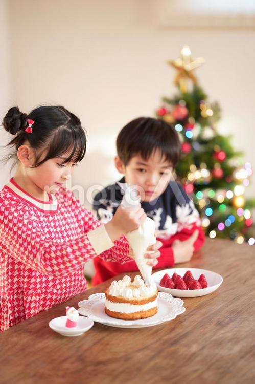 ケーキを作っている女の子と男の子 男女,クリスマス,ケーキの写真素材