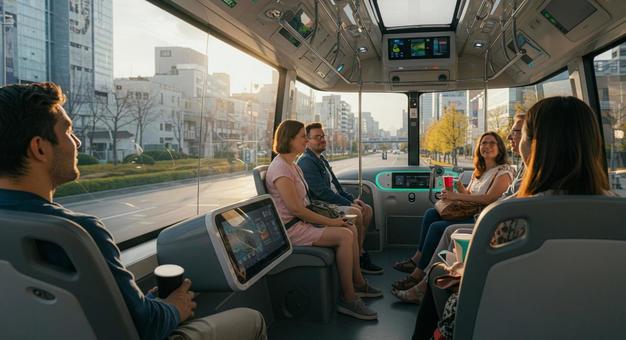 AI全自動運転バスを楽しむ観光客の写真