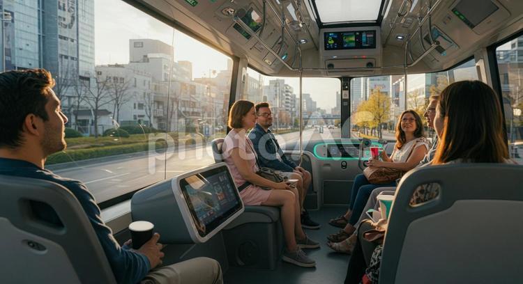 AI全自動運転バスを楽しむ観光客 ai,全自動運転,バスの写真素材