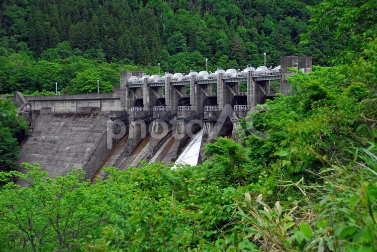御母衣ダムから水が ダム湖,休憩,山の写真素材