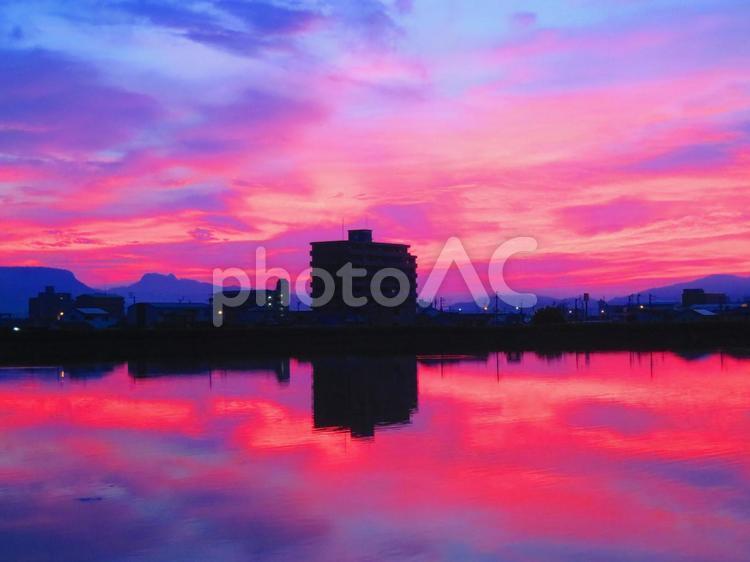 ８月下旬の野田池からの朝焼け空 背景,朝焼け,たそがれの写真素材