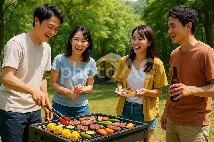 キャンプ場でバーベキューを楽しむ友人たち 夏休み,キャンプ,バーベキューの写真素材