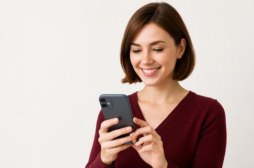スマホを触る外国人女性 スマホを触る外国人女性の写真