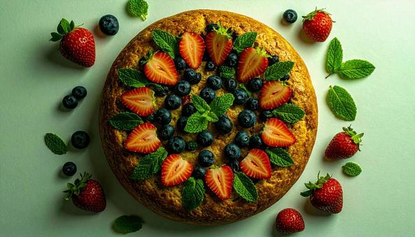 イチゴとブルーベリーとミントを載せたパン イチゴとブルーベリーとミントを載せたパンの写真