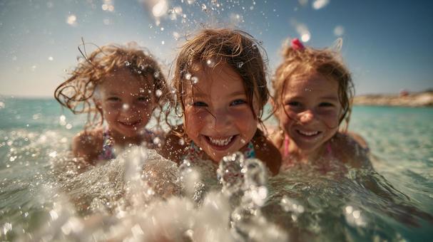 海で遊ぶ笑顔の子供たち 海で遊ぶ笑顔の子供たちの写真