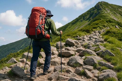 登山道を歩く登山者の後ろ姿 登山道を歩く登山者の後ろ姿の写真