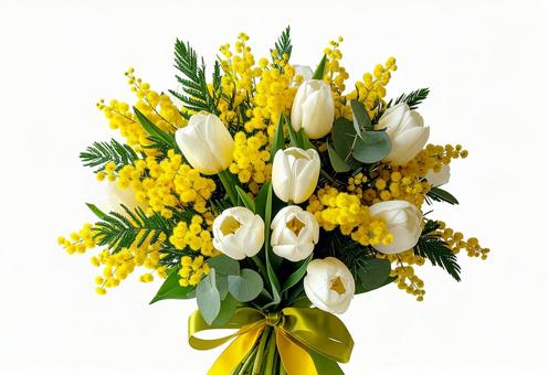 ミモザと白いチューリップの花束の写真