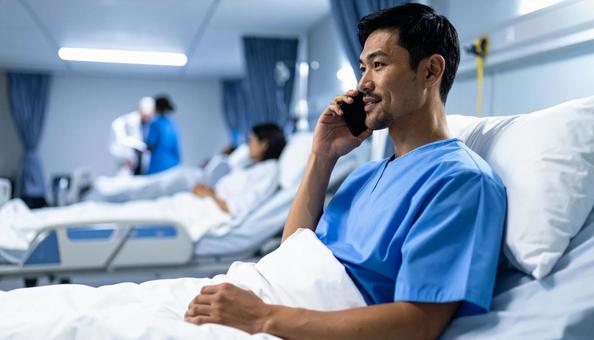 病室のベッドから携帯で話をする男性患者 病室のベッドから携帯で話をする男性患者の写真