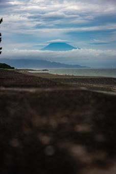 海岸から望む雲上の富士 富士山,海,海岸の写真素材
