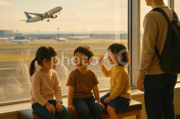 窓辺で飛行機を眺める子どもたち 飛行機,空港,子どもの写真素材