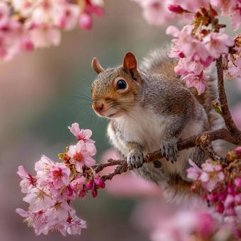 桜の枝にとまる可愛いリスの春の姿の写真