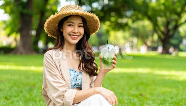 涼しさが手元に宿る瞬間 冷たい飲み物,人物,公園の写真素材