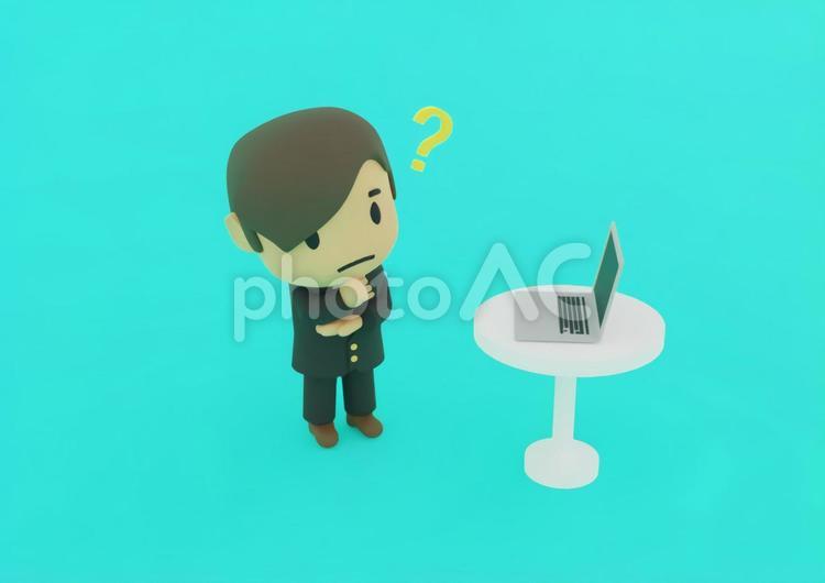 パソコンを前に疑問を感じるビジネスマン はてな,サポート,ヘルプの写真素材