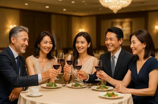 同窓会で乾杯をする男女 同窓会で乾杯をする男女の写真