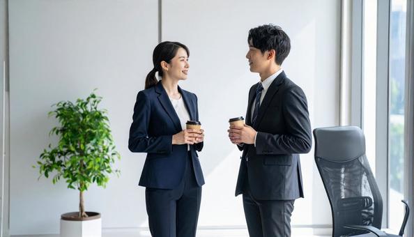 休憩中に談笑するビジネスパーソン 休憩中に談笑するビジネスパーソンの写真