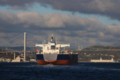ボスポラス海峡を行く巨大タンカー トルコ,7月15日殉教者の橋,ボスポラス大橋の写真素材