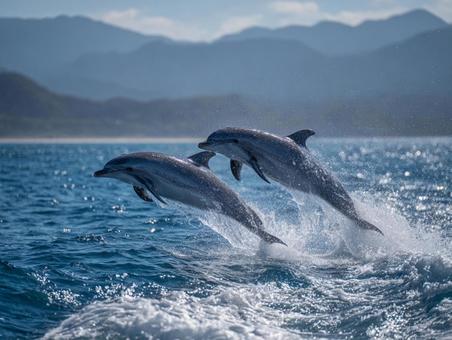 青い海を舞うイルカたち 青い海を舞うイルカたちの写真