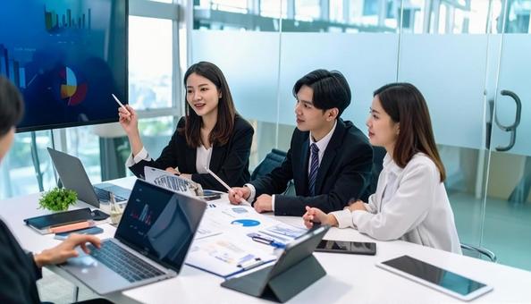 テーブルを囲んで会議するビジネスパーソン テーブルを囲んで会議するビジネスパーソンの写真