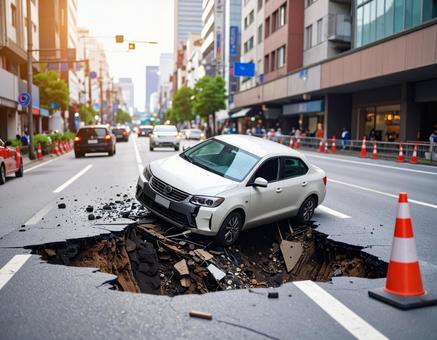 道路 陥没穴 車 道路 陥没穴 車の写真