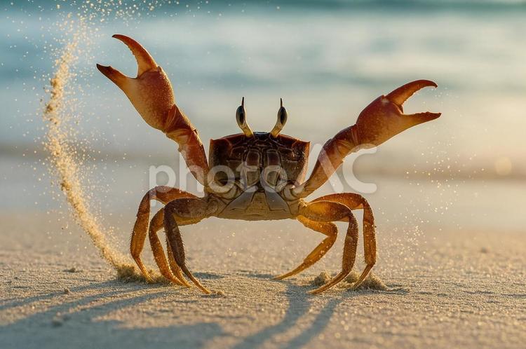 砂を勢いよく巻き上げるカニ カニ,砂,砂浜の写真素材
