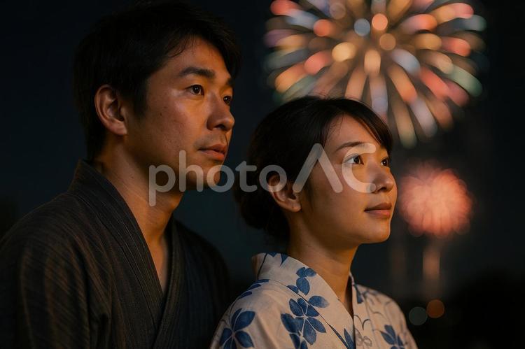 横顔で花火を見るカップル 日本,カップル,花火の写真素材