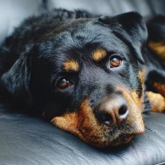 ソファでくつろぐ犬のクローズアップ ソファでくつろぐ犬のクローズアップの写真