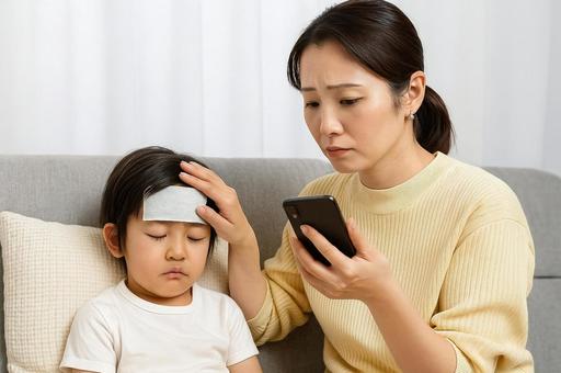 子供の発熱で会社を休む連絡をする母親 子供の発熱で会社を休む連絡をする母親の写真