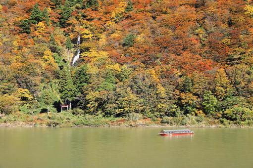 紅葉の白糸の滝を眺めながらの舟下り 紅葉,秋,風景の写真素材