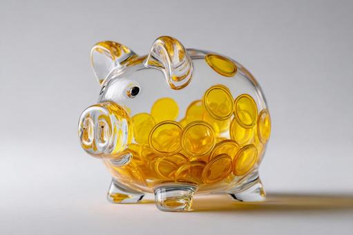 透明な豚の貯金箱に満たされた金色のコイン 透明な豚の貯金箱に満たされた金色のコインの写真