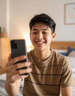 スマホでビデオ通話を楽しむ男子中高生 スマホでビデオ通話を楽しむ男子中高生の写真