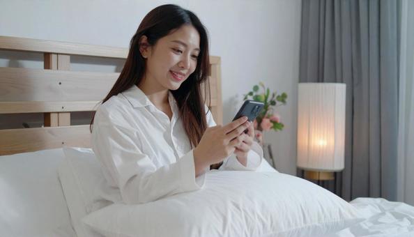 ベッドルームでスマホを見る日本人女性 ベッドルームでスマホを見る日本人女性の写真
