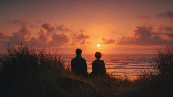 愛を語り合う二人の後ろ姿の写真