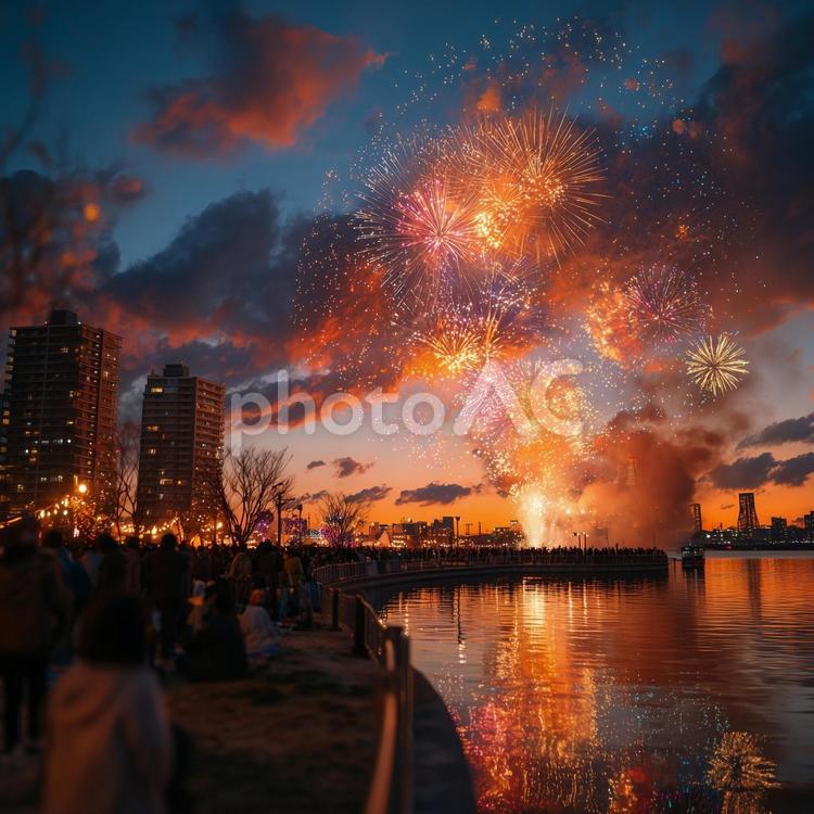 花火が闇夜を照らし、人々の影が揺らめく 花火,夏,夜空の写真素材